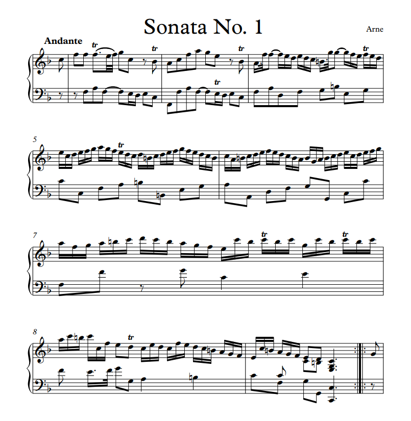 Arne - Sonata No. 1 sheet music for piano